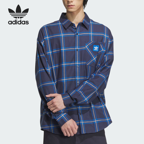 Adidas/阿迪达斯官方正品三叶草男士格纹翻领休闲宽松衬衫JC6836