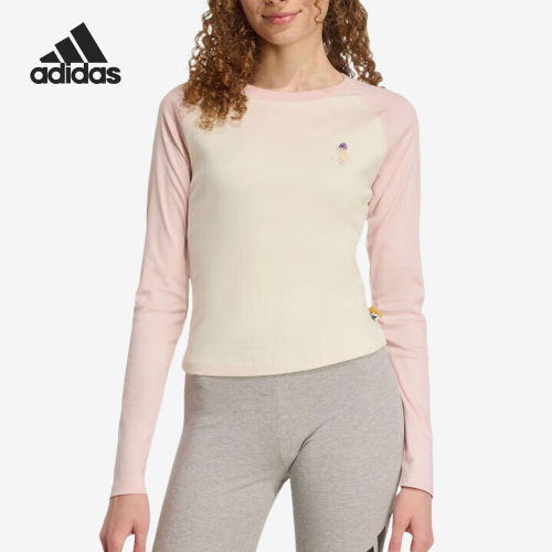 Adidas/阿迪达斯官方正品S新款女米白浅粉色柔软长袖T恤JV6094