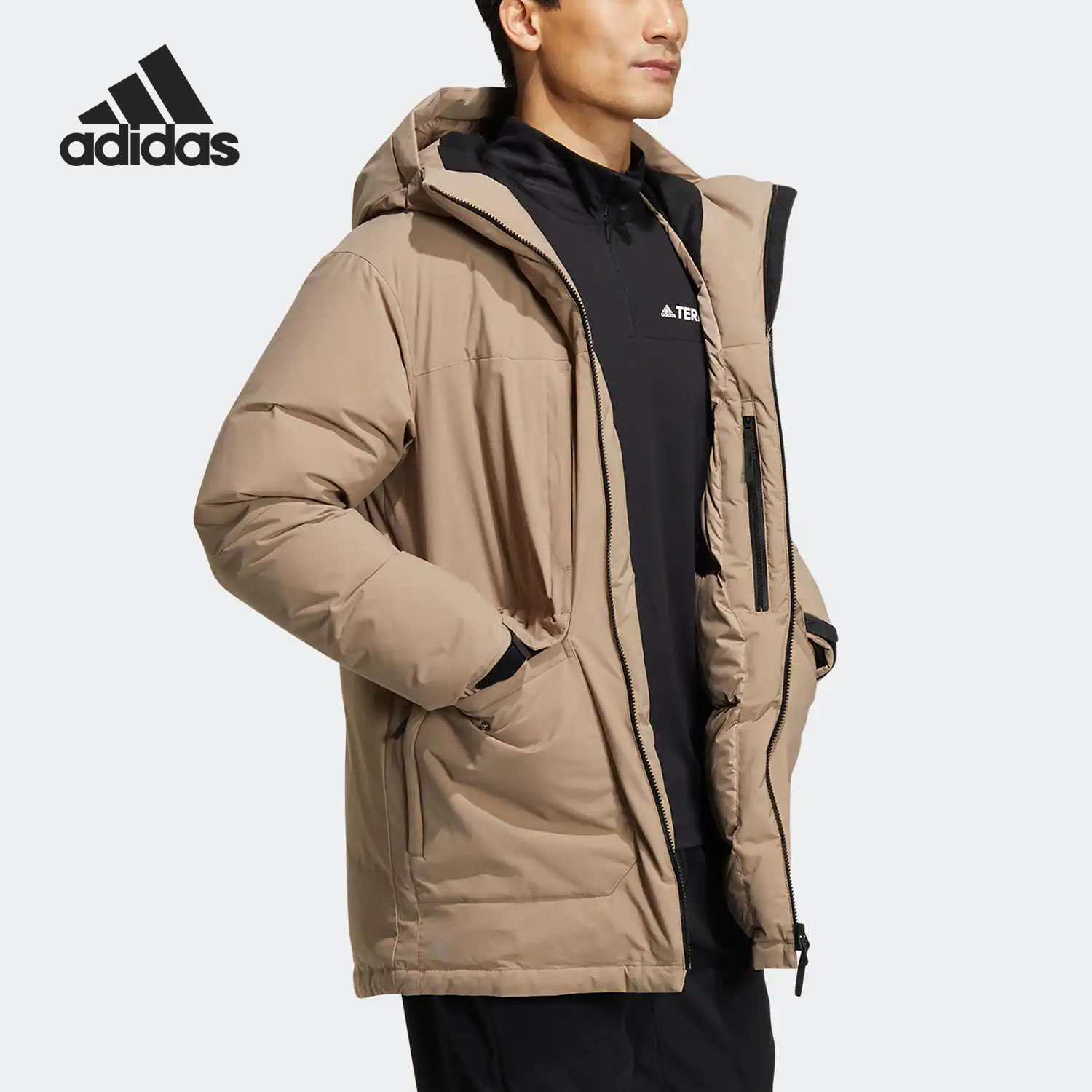 Adidas/阿迪达斯正品户外运动情侣款宽松连帽羽绒服HR8445