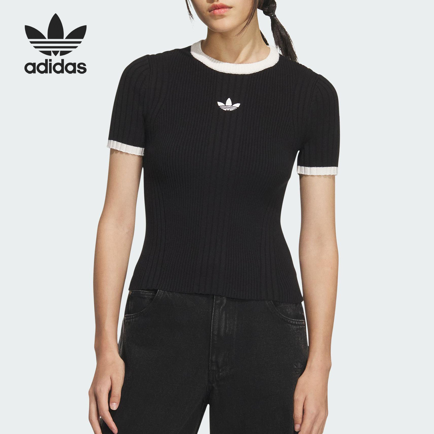 Adidas/阿迪达斯官方正品三叶草女士修身针织休闲短款短袖KS6110