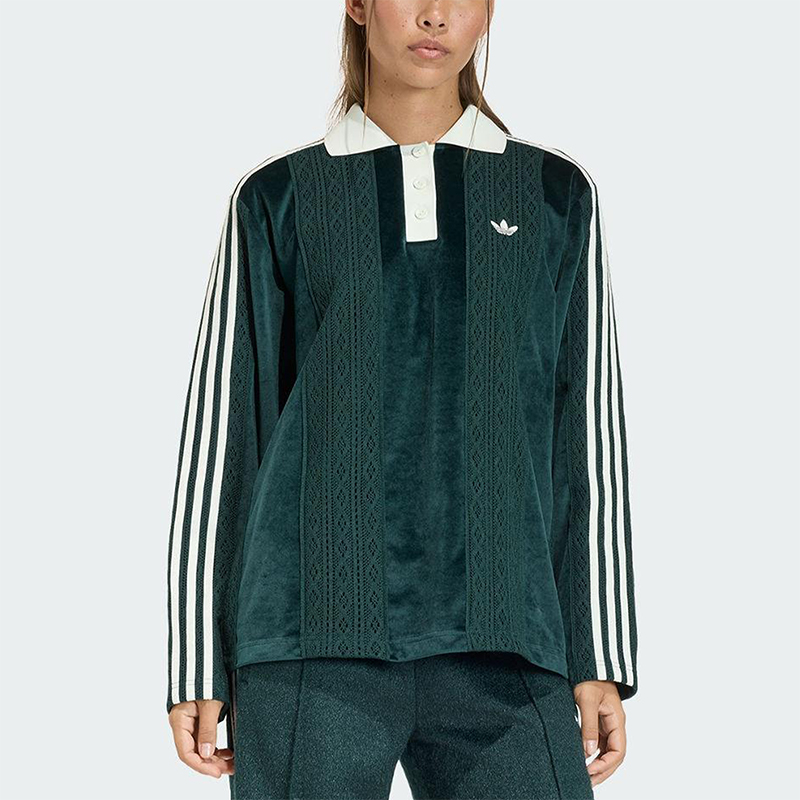 Adidas/阿迪达斯正品三叶草女士运动宽松翻领三条纹球衣KS7796