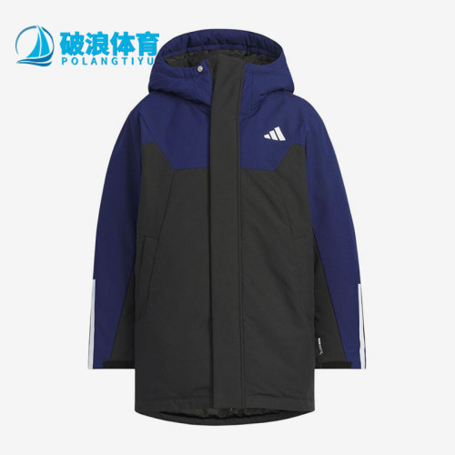 Adidas/阿迪达斯正品152新款儿童蓝黑色保暖经典连帽棉服KC5408