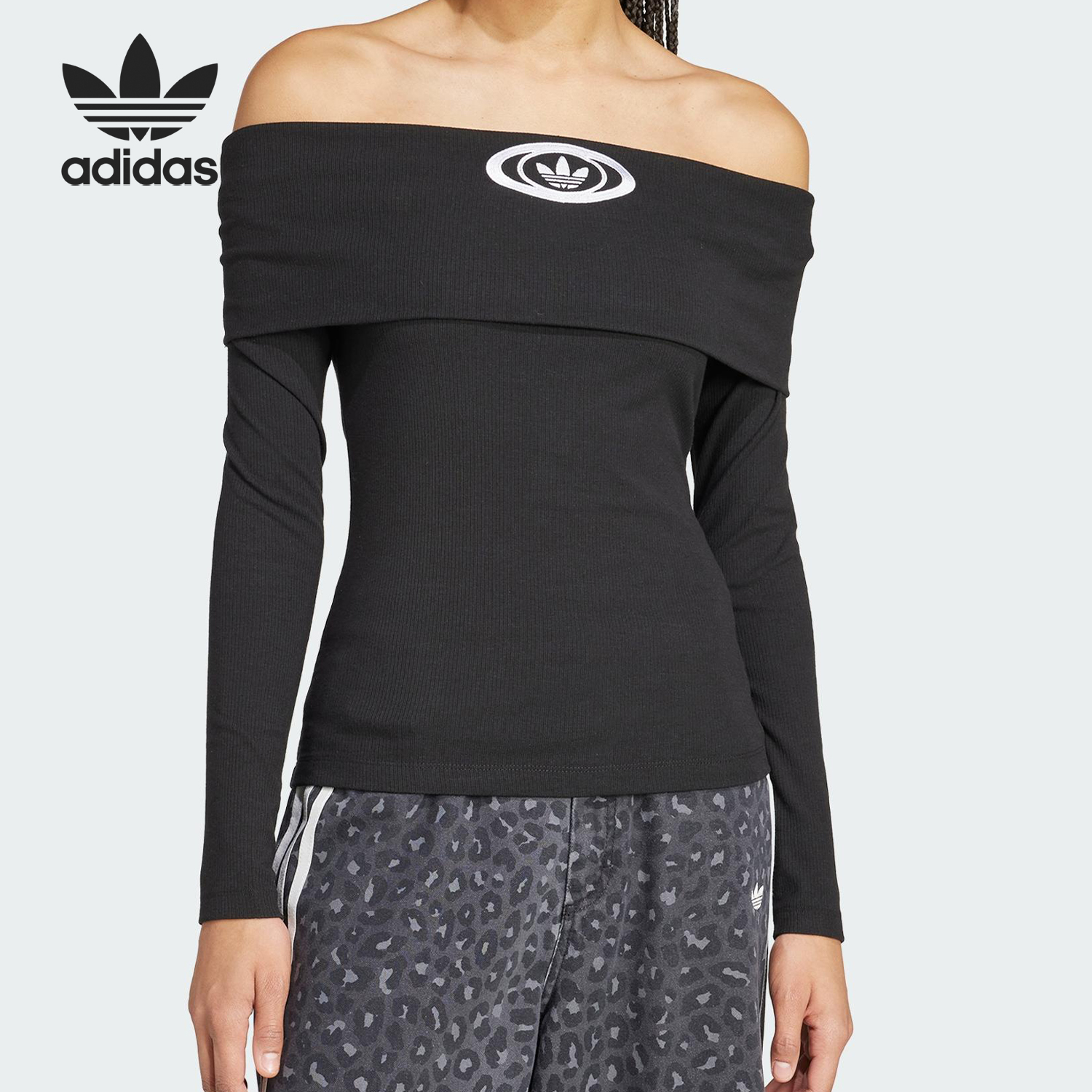 Adidas/阿迪达斯官方正品三叶草女士透气修身一字露肩长袖KA2690