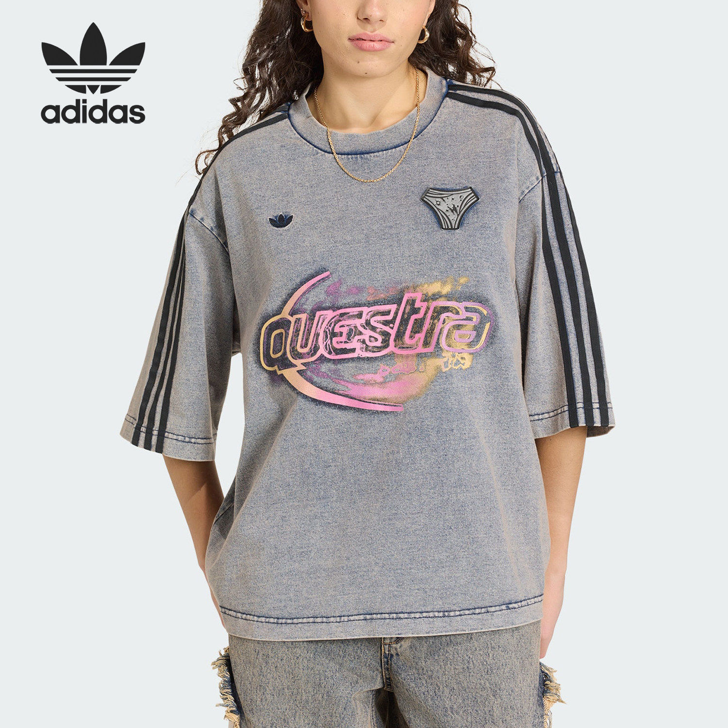 Adidas/阿迪达斯官方正品三叶草女士日常牛仔布运动短袖T恤KZ5012