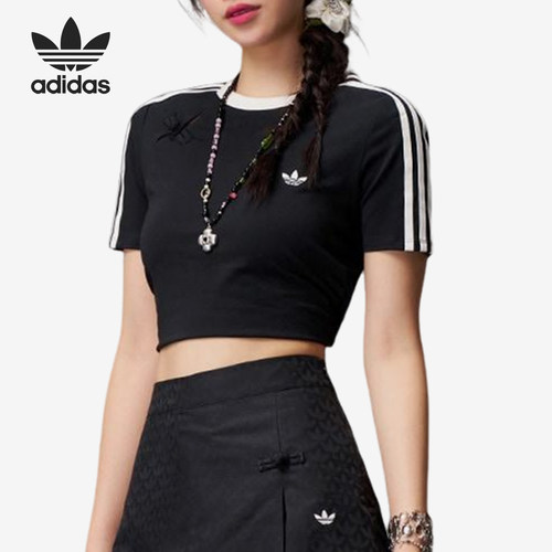 Adidas/阿迪达斯官方正品三叶草女士修身露脐三条纹短袖KC5851