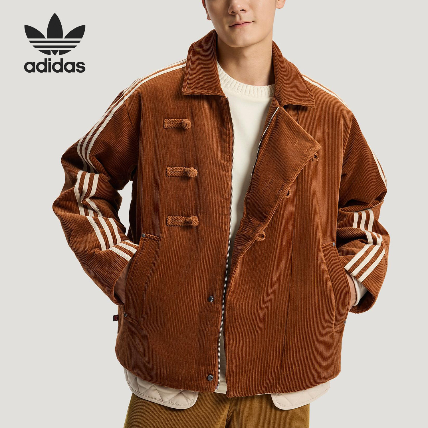 Adidas/阿迪达斯官方正品三叶草男女翻领新中式保暖棉服KQ5135