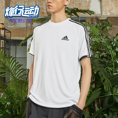 Adidas/阿迪达斯正品夏季男士透气条纹经典圆领运动休闲T恤KU3920