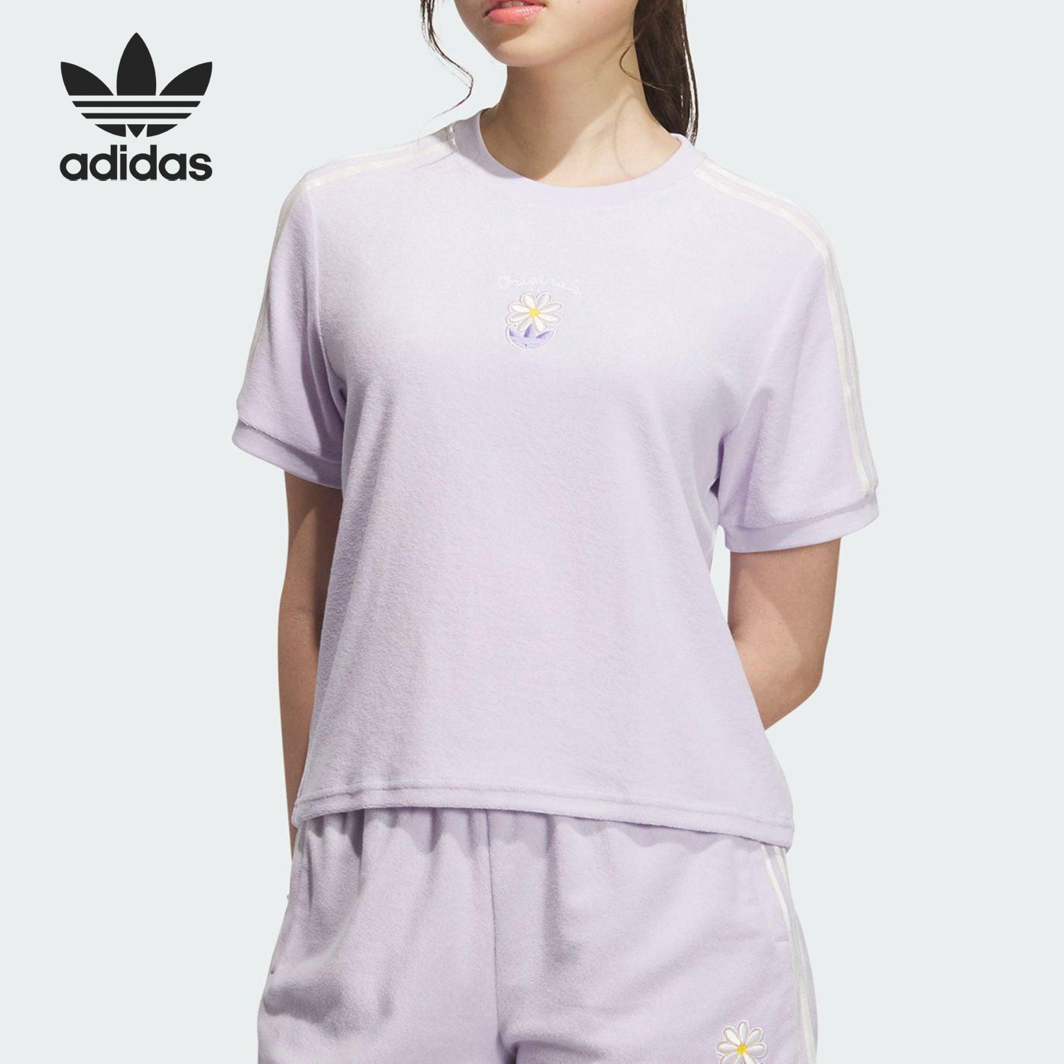 Adidas/阿迪达斯官方正品三叶草女士花卉印花透气针织短袖KB8961