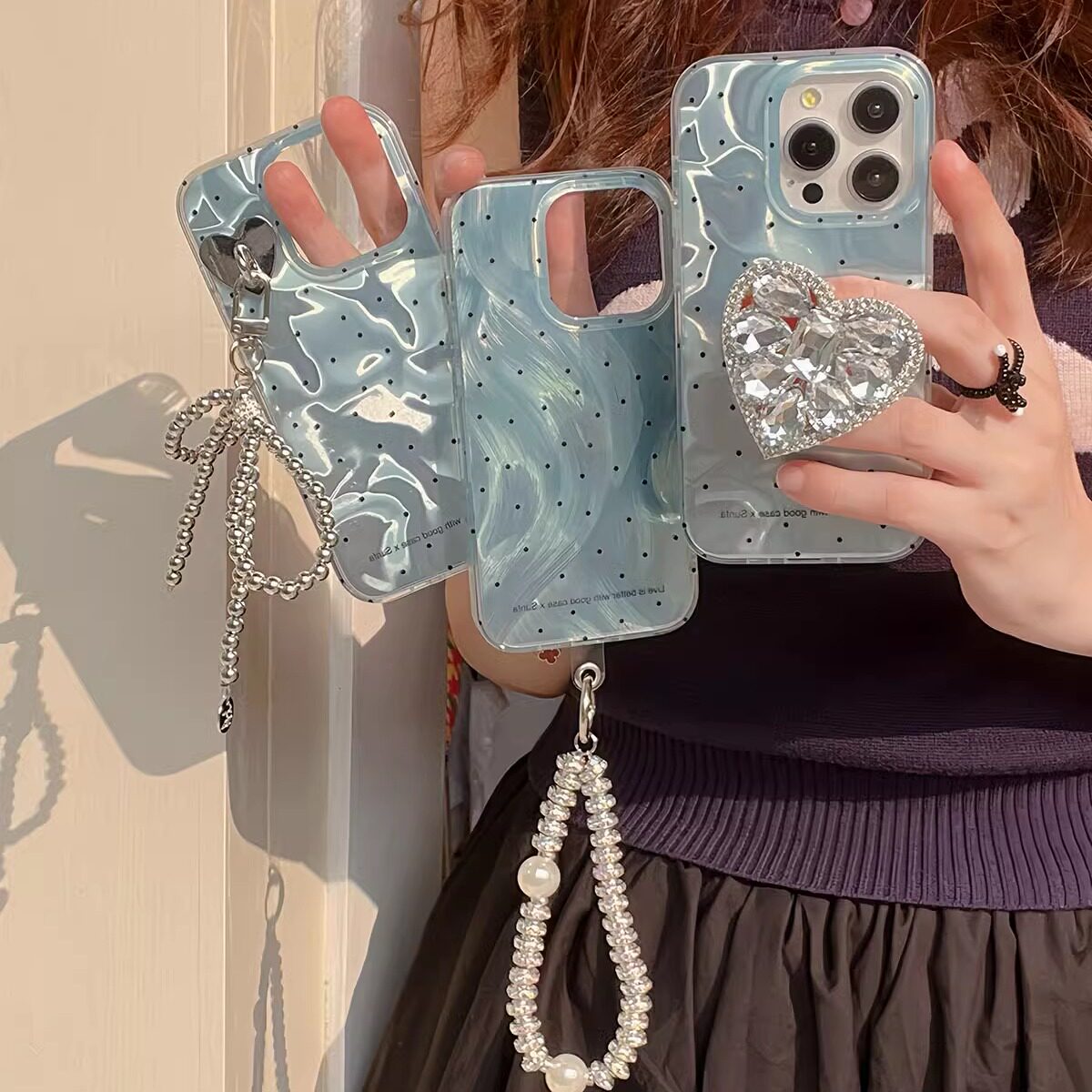 iphone15pro小众高级感14max奶蓝波点支架手提腕带手机壳16苹果13适用新款全包防摔软壳韩国17保护套12硬壳11