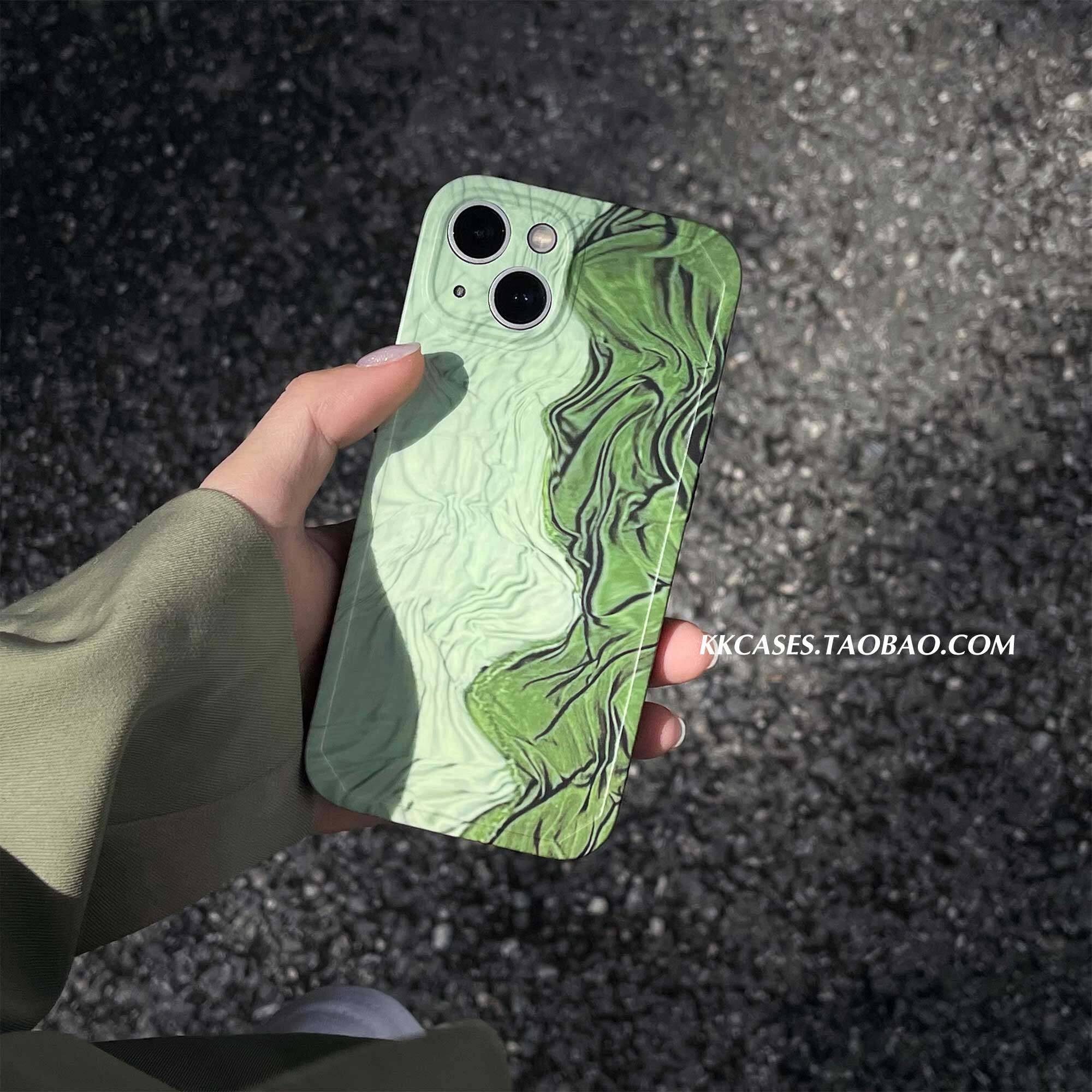 iphone15pro冷淡风14max春夏绿色布料油画印花手机壳17苹果13P适用新款全包防摔韩国简约高级感保护套16