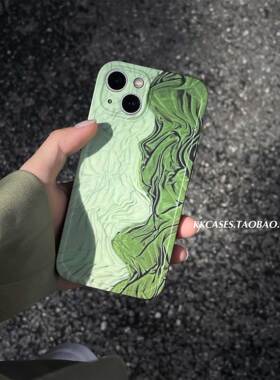 iphone15pro冷淡风14max春夏绿色布料油画印花手机壳17苹果13P适用新款全包防摔韩国简约高级感保护套16