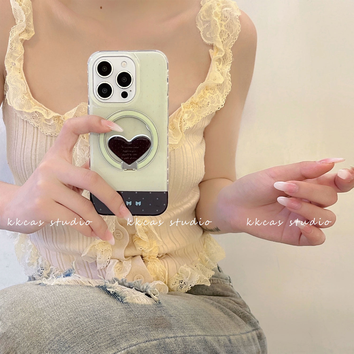iphone15pro日韩风拼接抹茶绿色波点14max少女爱心磁吸支架手机壳16e苹果13适用新款全包防摔硬壳保护套17