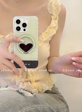 iphone15pro日韩风拼接抹茶绿色波点14max少女爱心磁吸支架手机壳16e苹果13适用新款全包防摔硬壳保护套17
