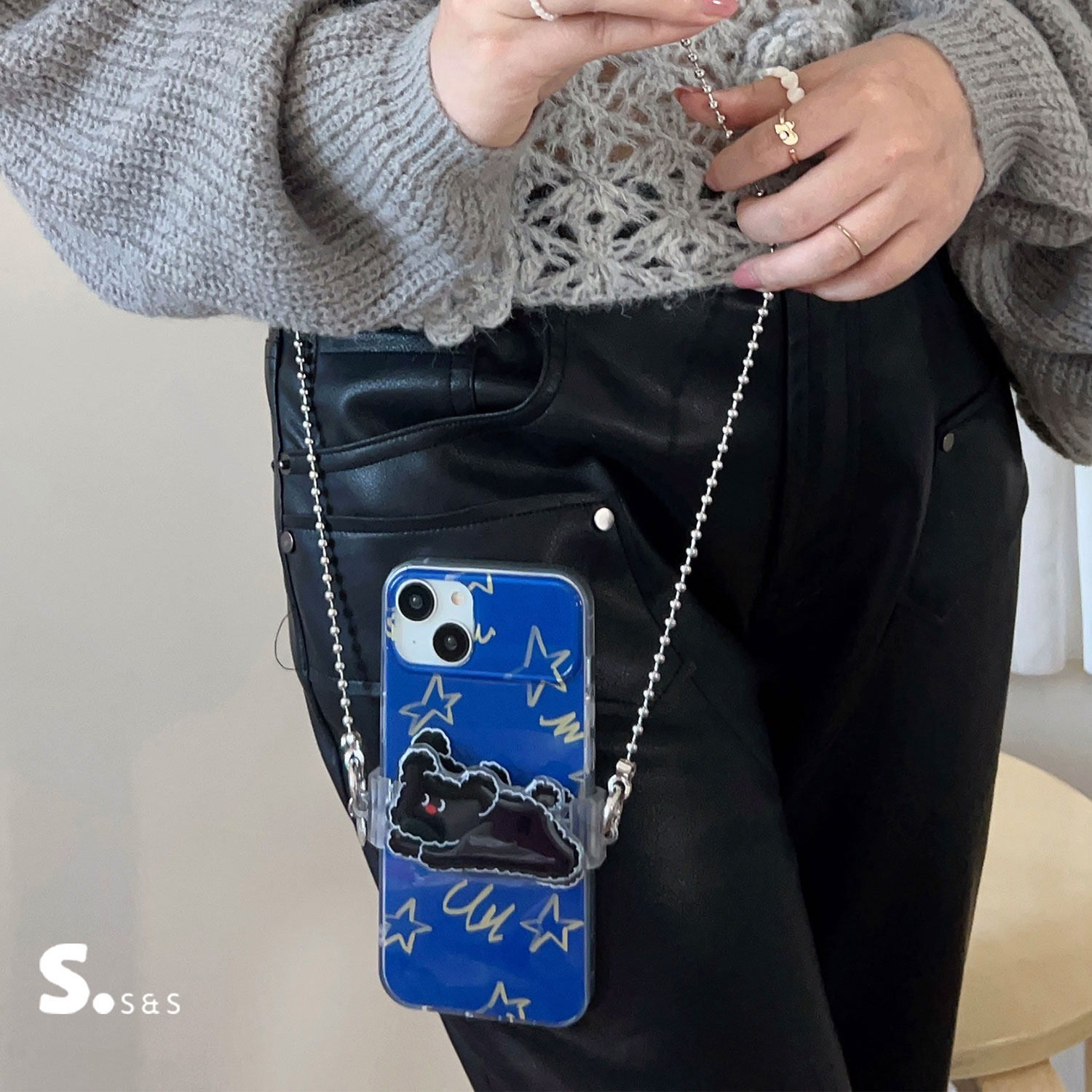 小众万能卡通手机背夹圆珠链条可调节斜挎背带挂脖防丢手机挂件链