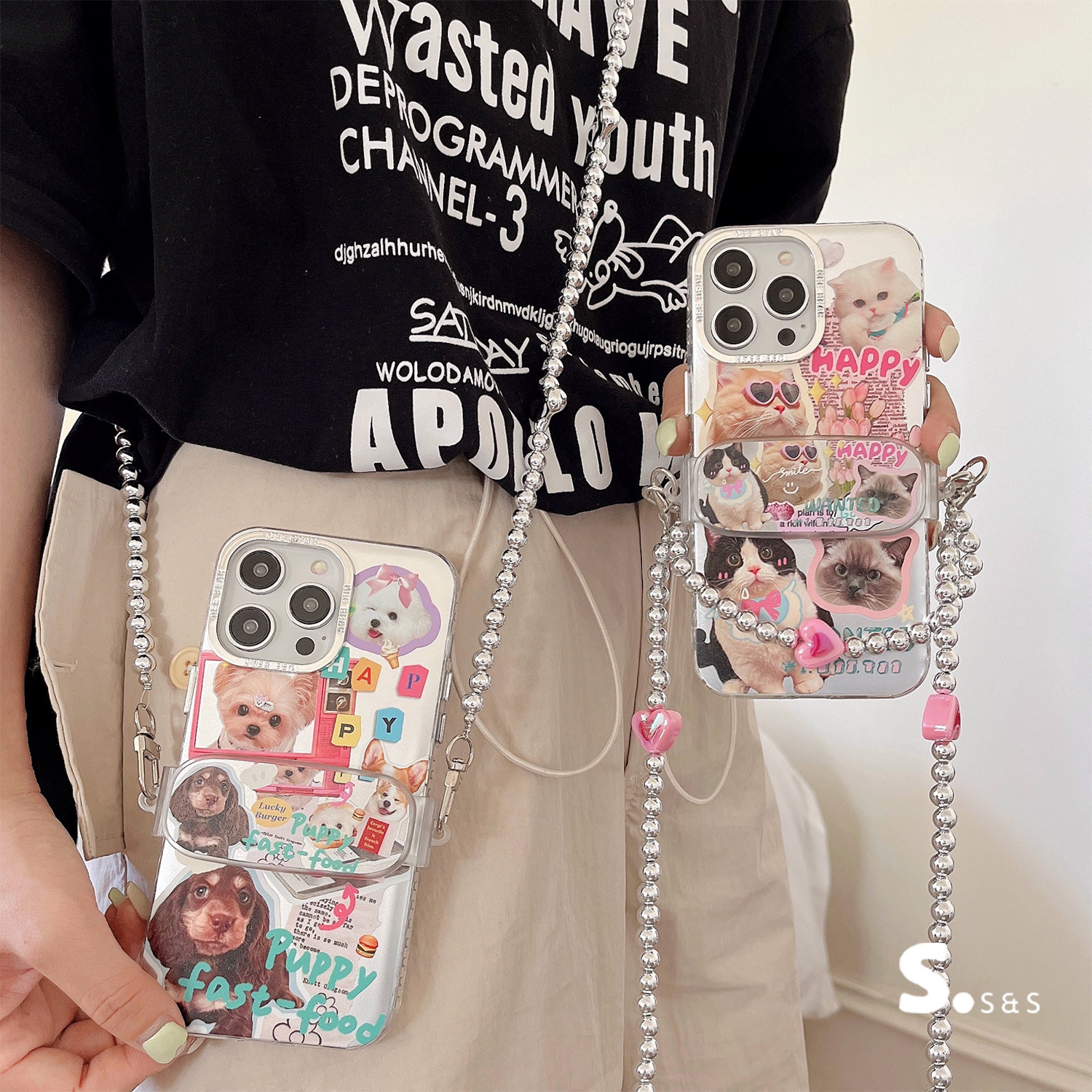 15小众多巴胺可爱小猫小狗手机背夹iphone14斜挎可背挂绳爱心链条16手机壳13苹果17promax适用手机链保护套12