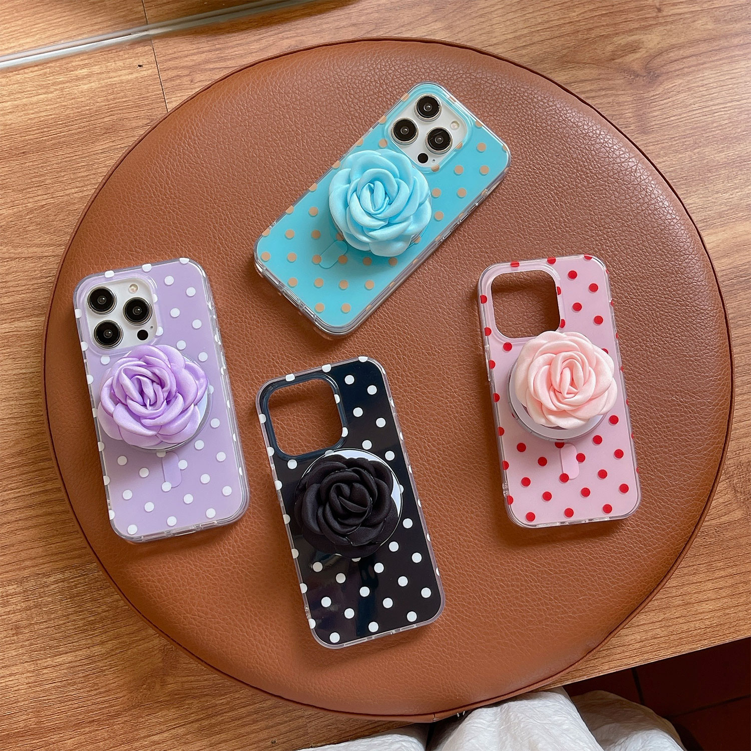 小众波点磁吸花朵支架苹果手机壳