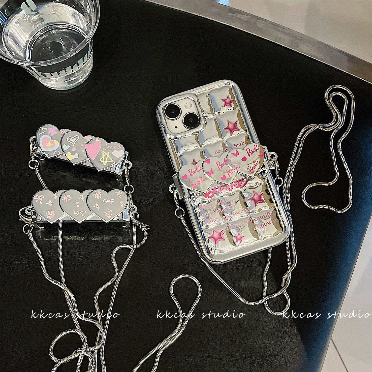 iphone15pro小众少女爱心手机背夹14max高级感银色手机壳12苹果16适用新款全包防摔13可斜挎链条保护套夹子17