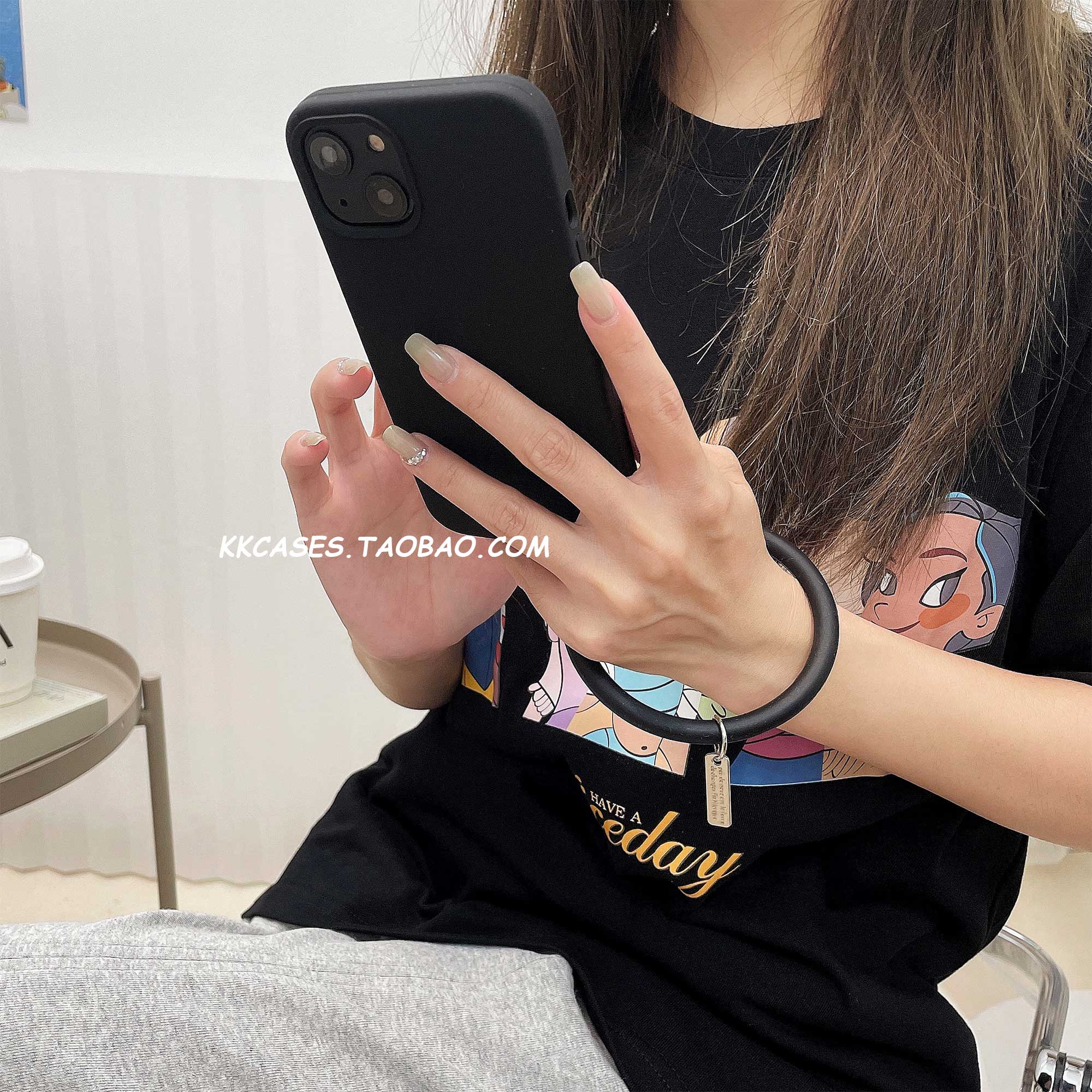 ins小众简约16PRO黑色液态硅胶15大圆环腕带11手环手机壳13苹果12pro max适用纯色手提挂绳镜头全包保护套14