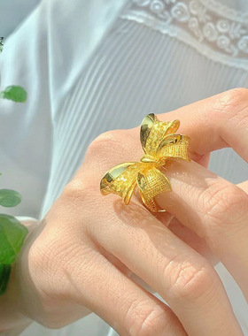 金店同款沙金999大蝴蝶结戒指女开口在逃公主蕾丝指环花丝工艺新