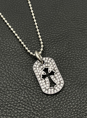 s925纯银高级感复古满钻军牌项链男女欧美铭牌十字架吊坠毛衣链潮