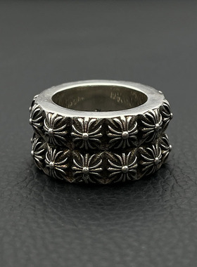 s925纯银高级感复古双层十字花戒指男欧美嘻哈厚重霸气指环经典款