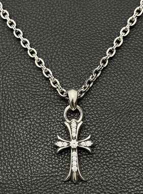 s925纯银高级感复古满钻十字架项链男十字花吊坠经典款毛衣链潮牌
