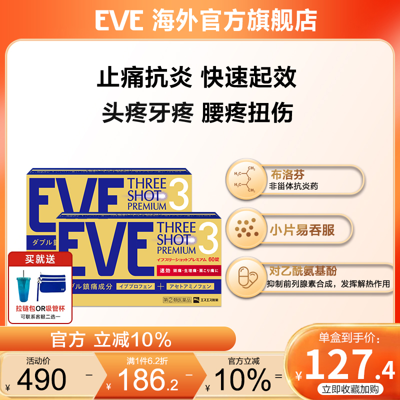 白兔eve止疼药退烧药痛经头疼止痛药对乙酰氨基酚布洛芬60粒*2盒