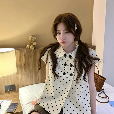 甜甜款甜美减龄娃娃领双排扣撞色波点印花宽松短袖小衫A23568
