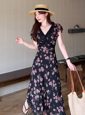 甜甜小众轻奢风气质设计感玫瑰花朵显瘦a字连衣裙85-1269