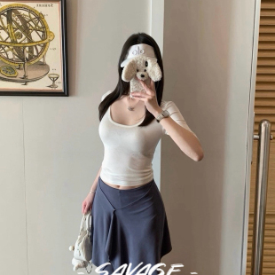 甜甜夏上新极简百搭纯色U领修身 T恤A25105 显瘦仿天丝短袖