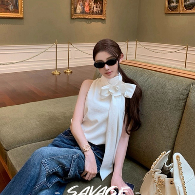 甜甜搭高级感立领系带蝴蝶结宽松无袖背心(配立体花朵)A23616