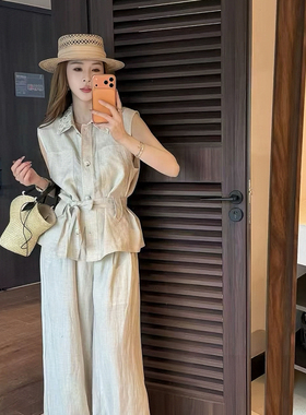 甜甜轻奢简无袖显瘦小衫+阔腿休闲裤两件套套装(配腰带)K7513