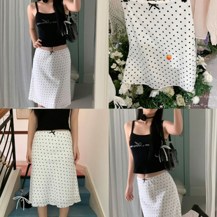 甜甜小众轻奢感波点蝴蝶结高腰显瘦a字中裙半身裙85 1169