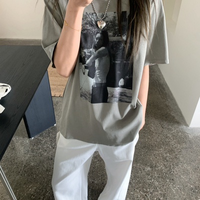 甜甜家6年夏上新黑白摄影图案简约设计感日常穿搭短袖T恤2657