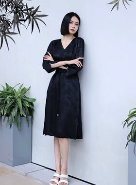 Gli+新中式｜东方写意黑色竹叶提花连衣裙