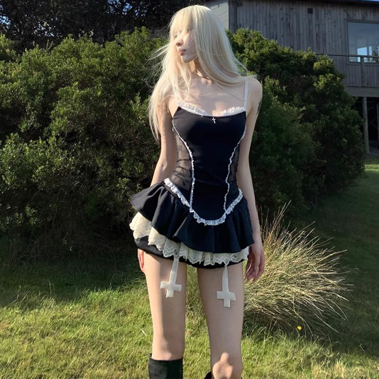 辣妹风纯欲修身显瘦露腰蕾丝拼接吊带背心上衣半身裙两件套女夏季