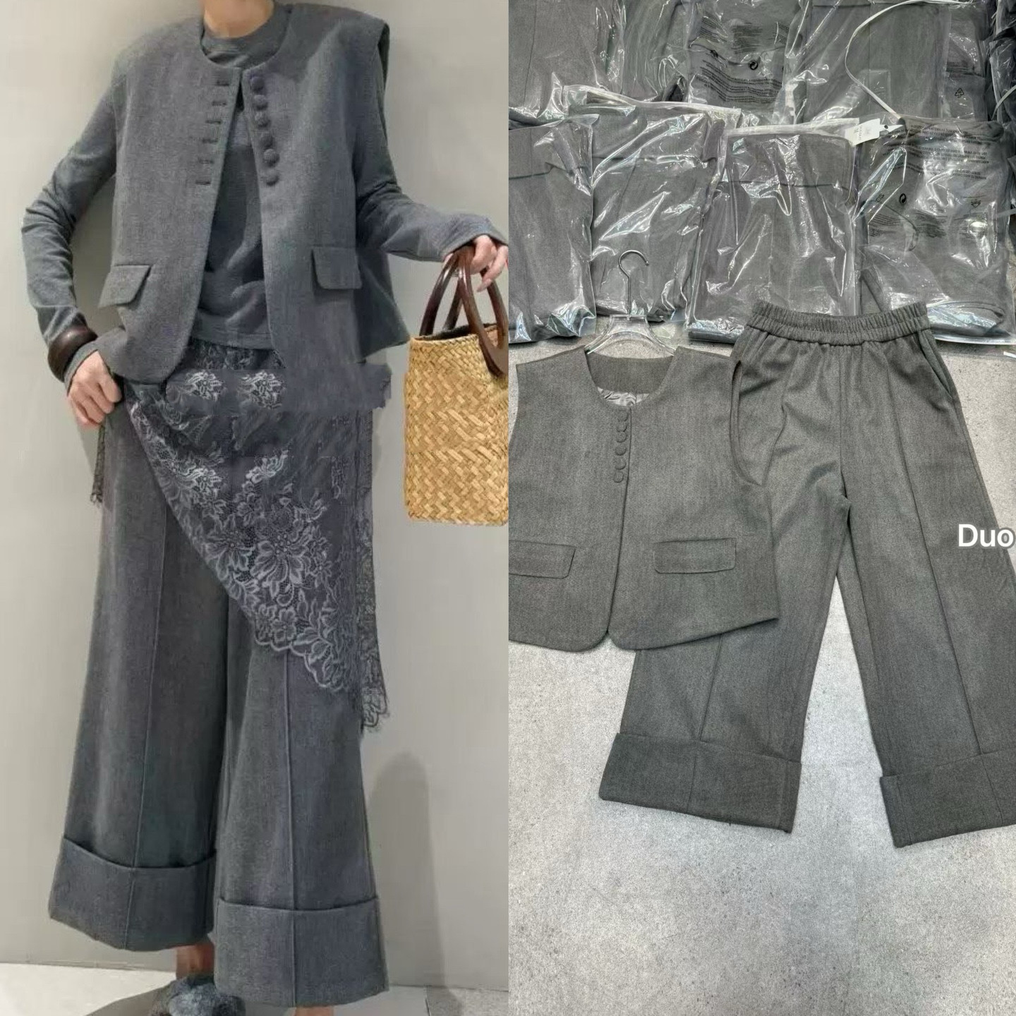 DUODUO秋冬新款时尚百搭圆领马甲阔腿裤女潮套装女ins纯色简约