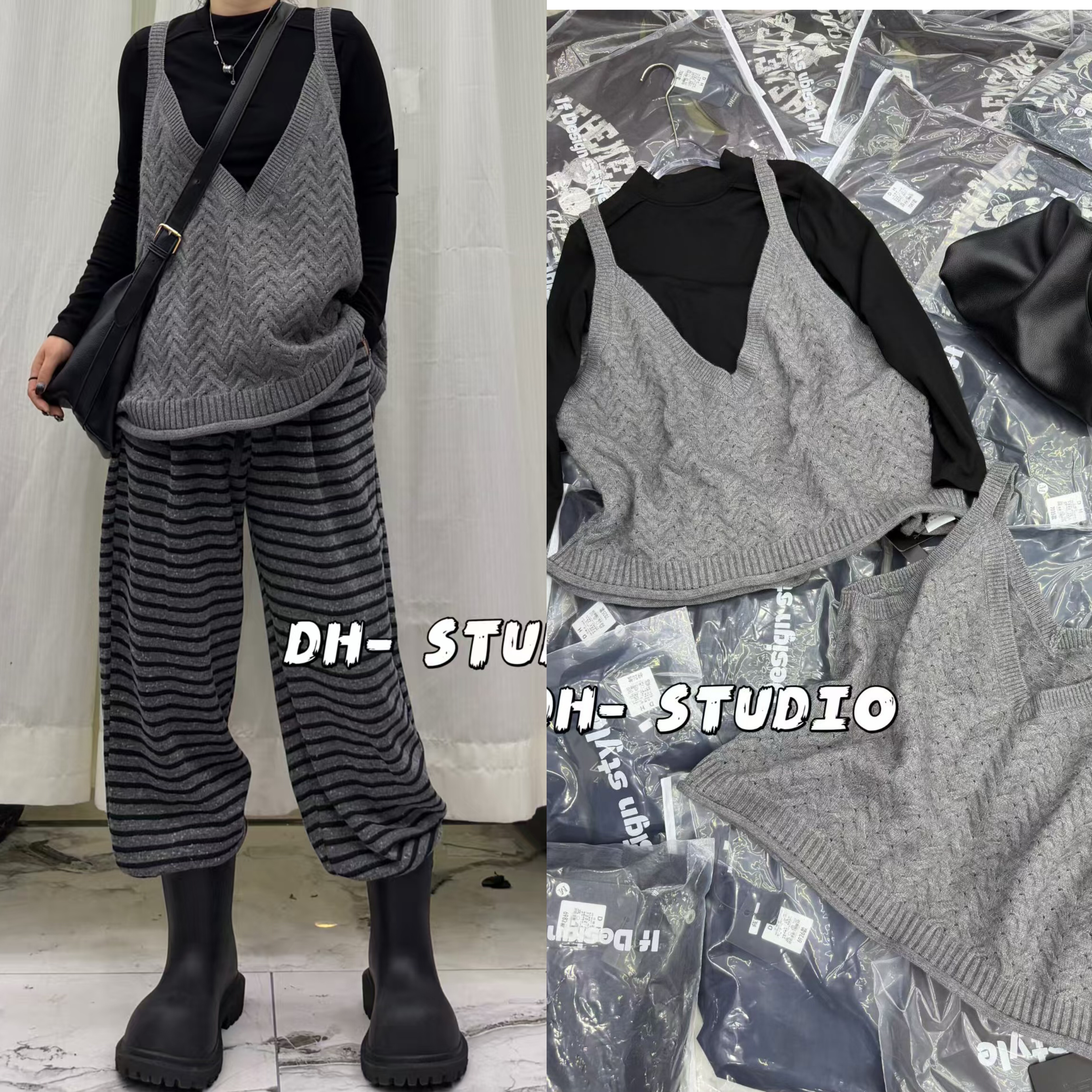 DH秋冬新款时尚百搭V领宽松长袖T恤女潮打底衫女ins纯色简约
