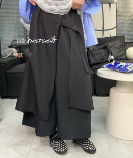 不规则复古纯色高级感小众休闲裤女大码韩版拼接百搭显瘦阔腿裙裤