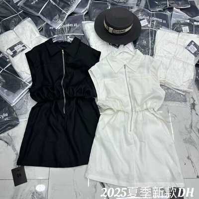 DH2025夏季新款时尚百搭翻领宽松显瘦砍袖裙女休闲天丝麻裙