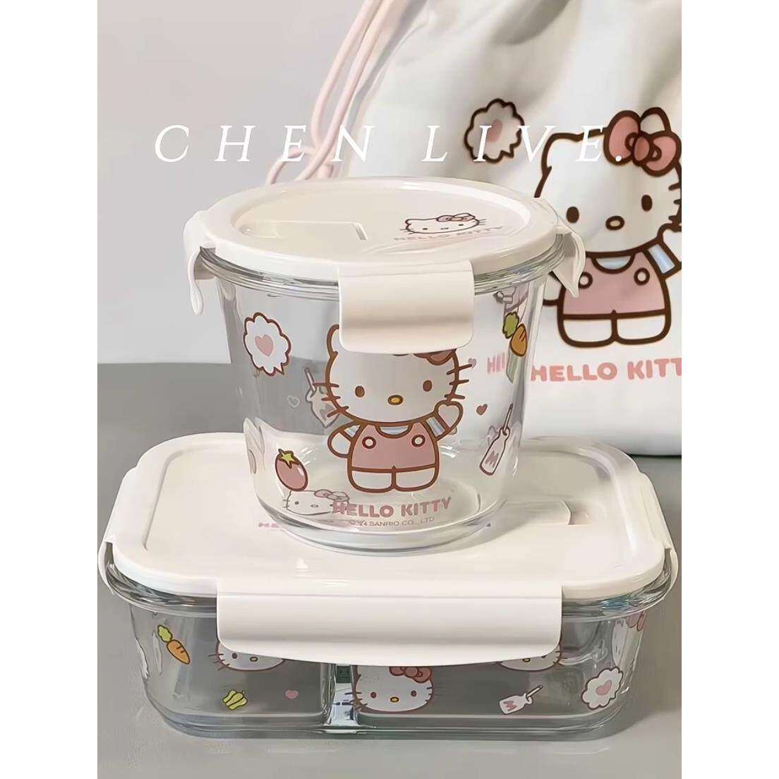 hellokitty饭盒上班族微波炉加热玻璃碗保鲜碗少女心分隔带盖密封