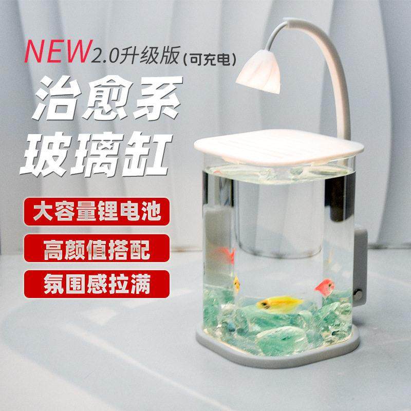 斗鱼专用缸超白小型玻璃缸创意桌面摆件高级感桌面生态缸夜灯