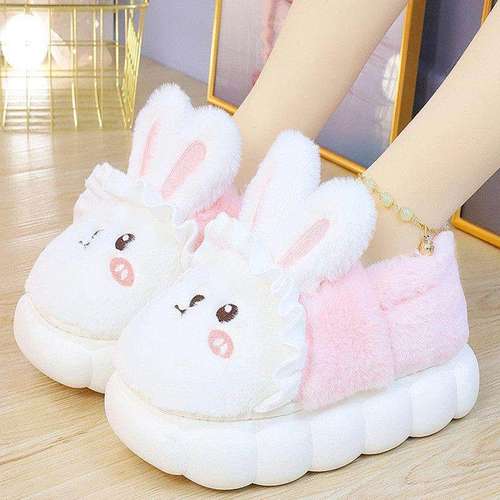 棉拖鞋女冬卡通可爱兔居家包跟厚底毛绒棉拖防滑高跟月子保暖棉鞋