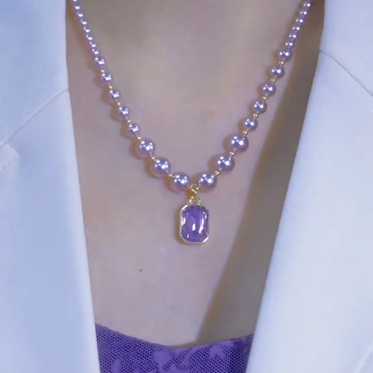 精致紫色女王韵味方糖水晶珍珠项链新款轻奢高级感耳环套装毛衣链