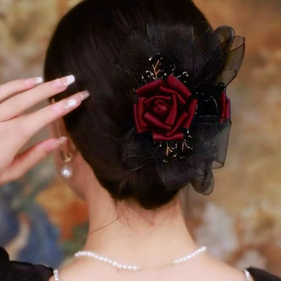 日韩欧根纱蝴蝶h结玫瑰花抓夹优雅气质发饰后脑勺盘发发抓发夹布