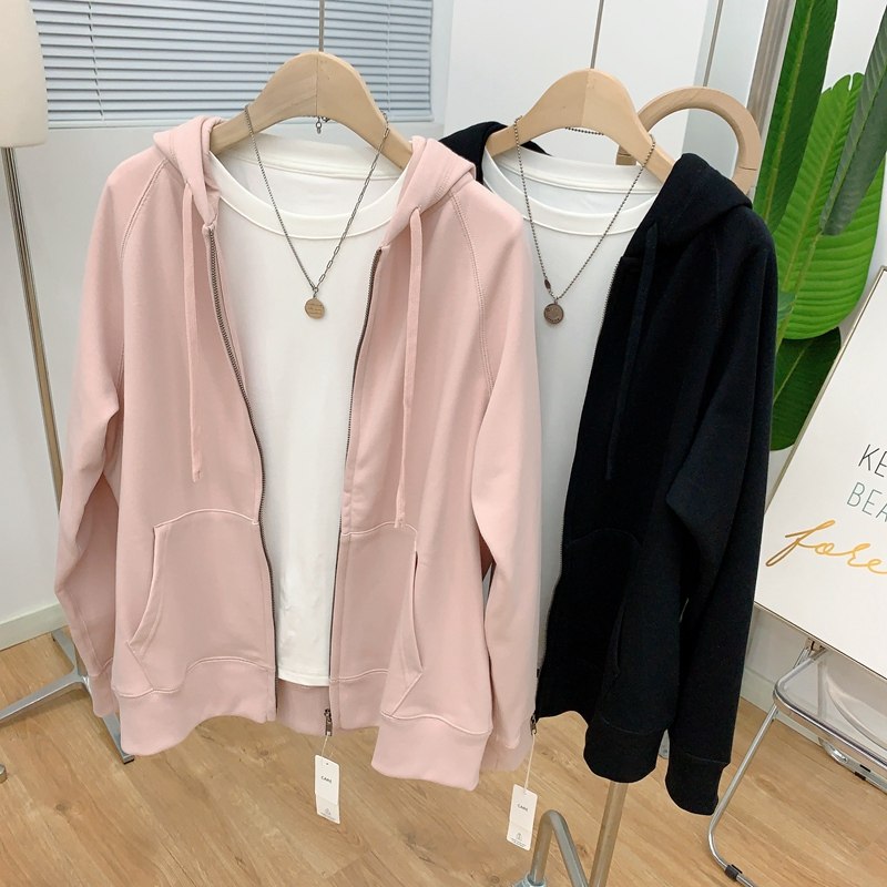 粉色开衫卫衣外套女春秋冬2025新款宽松帽衫灰色连帽拉链运动上衣