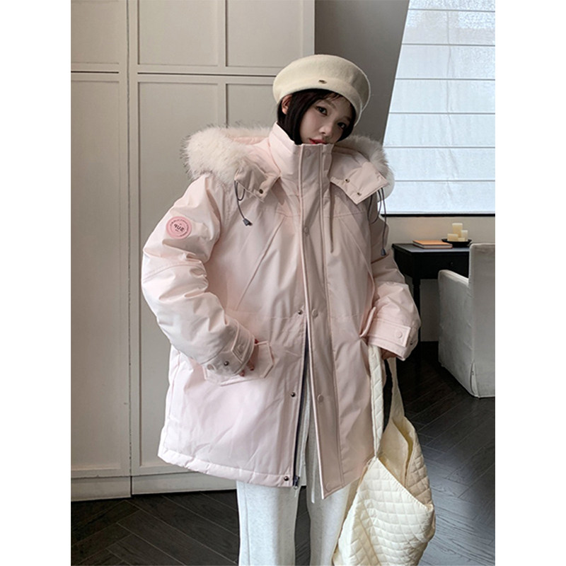 大码女装粉色工装派克羽绒棉服女胖mm冬季新款加厚学院风减龄外套