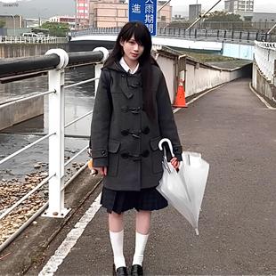 冬季牛角扣jk大衣女日系学院风小个子中长款连帽毛呢制服外套女