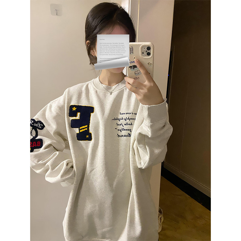 国潮牌美式宽松刺绣加绒圆领卫衣女秋冬oversize高街慵懒无帽上衣