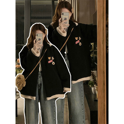 300斤大码女装韩系黑色羊羔毛外套女秋冬高级感胖mm宽松保暖棉服